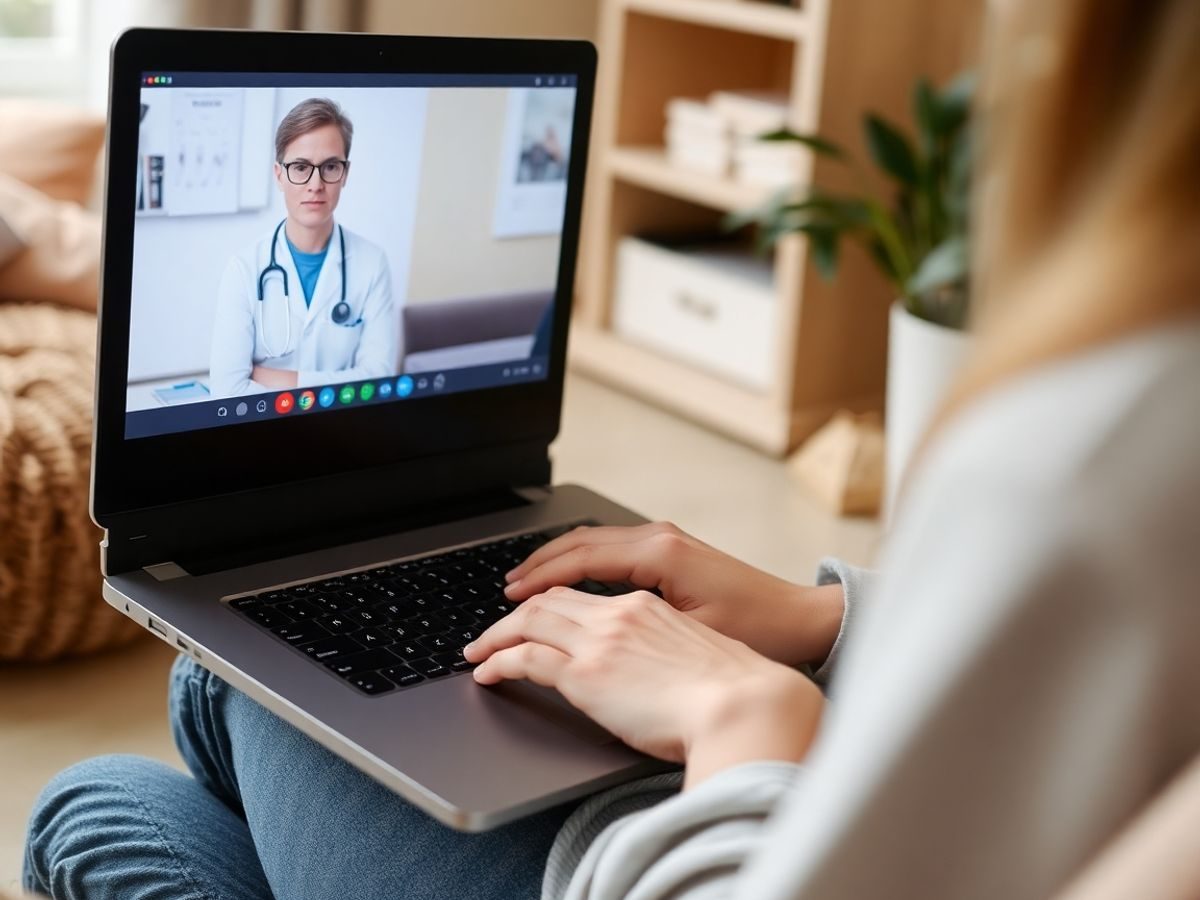 Persoană consultând un medic online la laptop.
