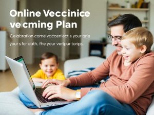 Părinte fericit folosind un laptop acasă pentru vaccinări.