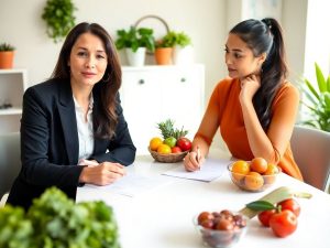 Consultare nutriționist cu client și alimente sănătoase.