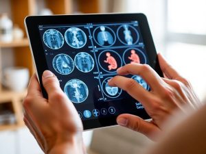 Mâini interacționând cu o tabletă, afișând imagini medicale.