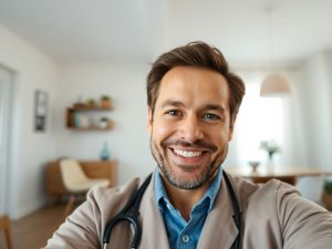 Medic online consultând pacient prin video, zâmbind.