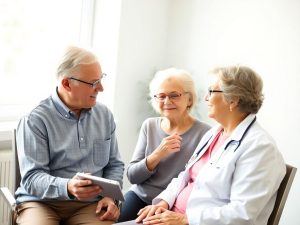 O femeie senior consultată de un doctor într-o clinică luminoasă.