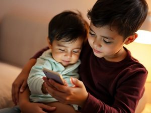 Părinte ținând copilul în brațe, privind ecranul telefonului.