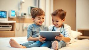 Copil fericit cu doctor pediatru și tabletă modernă