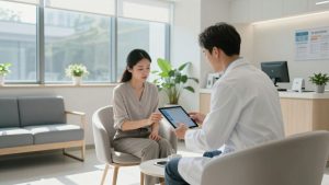 Pacient alege programare medicală pe tabletă în clinică modernă.